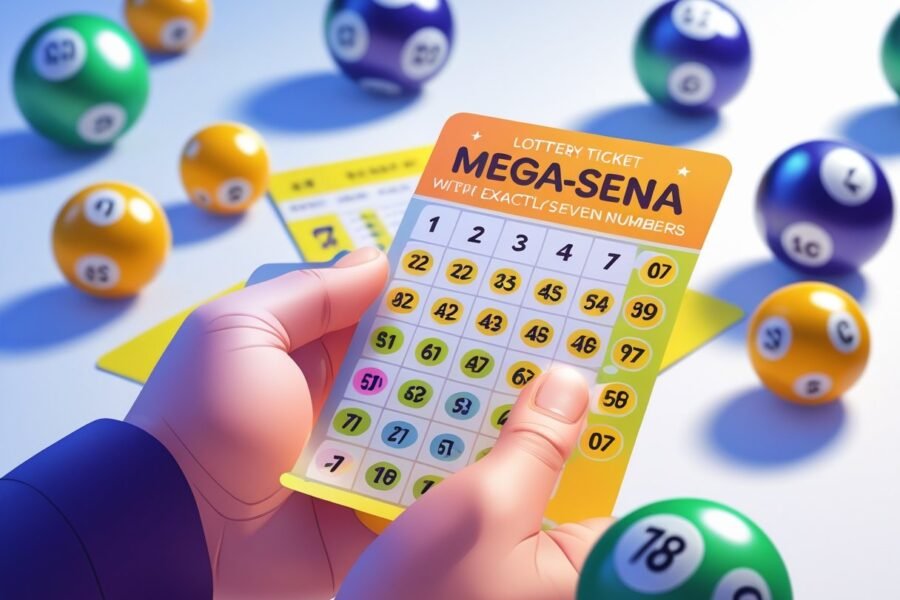 Mão segurando um bilhete de loteria com sete números marcados, com bolas de loteria numeradas ao redor.