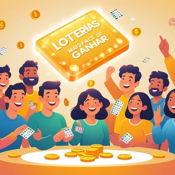 Pessoas diversas reunidas ao redor de um grande bilhete de loteria iluminado, mostrando expressões de esperança e alegria.