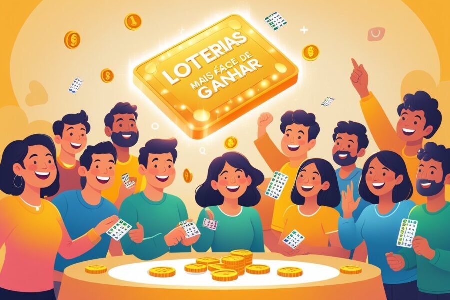 Pessoas diversas reunidas ao redor de um grande bilhete de loteria iluminado, mostrando expressões de esperança e alegria.