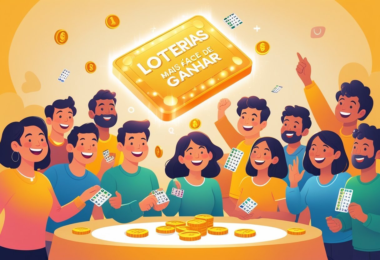 Pessoas diversas reunidas ao redor de um grande bilhete de loteria iluminado, mostrando expressões de esperança e alegria.