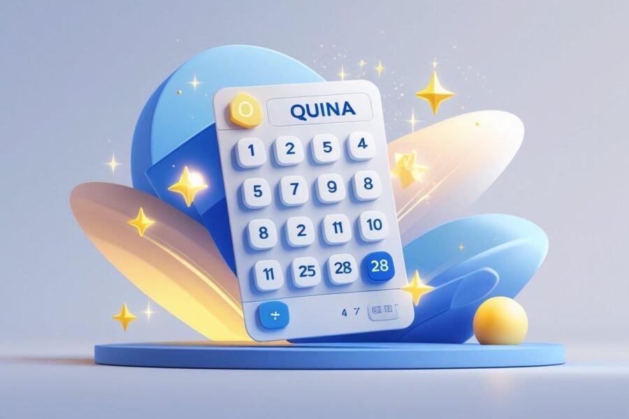 Ilustração de um bilhete de loteria com números destacados e elementos abstratos representando sorte e chance.