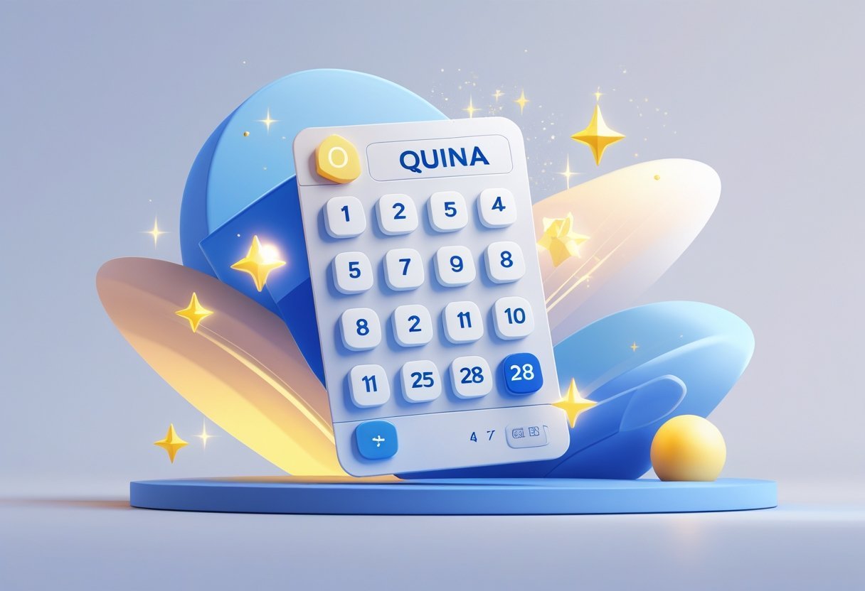 Ilustração de um bilhete de loteria com números destacados e elementos abstratos representando sorte e chance.