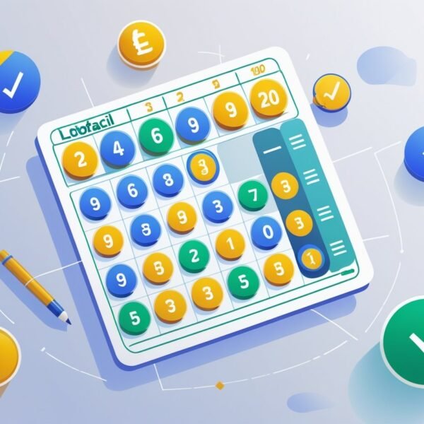 Bilhete de loteria com 25 números, 20 deles destacados, acompanhado de símbolos de cálculo e dinheiro.