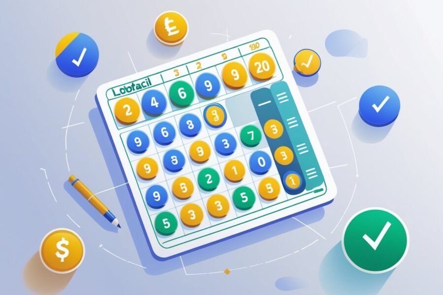 Bilhete de loteria com 25 números, 20 deles destacados, acompanhado de símbolos de cálculo e dinheiro.