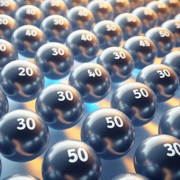 Ilustração mostrando bolas de loteria numeradas de 1 a 60, com 30 bolas destacadas para representar as mais sorteadas na Mega-Sena.