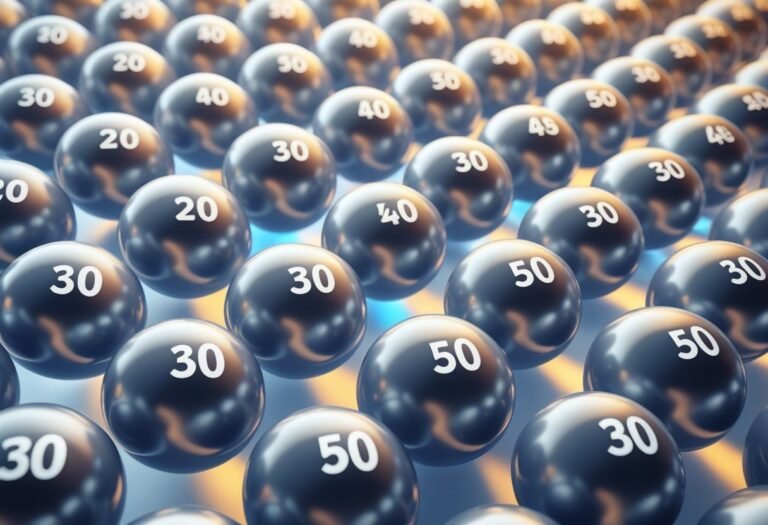 Ilustração mostrando bolas de loteria numeradas de 1 a 60, com 30 bolas destacadas para representar as mais sorteadas na Mega-Sena.