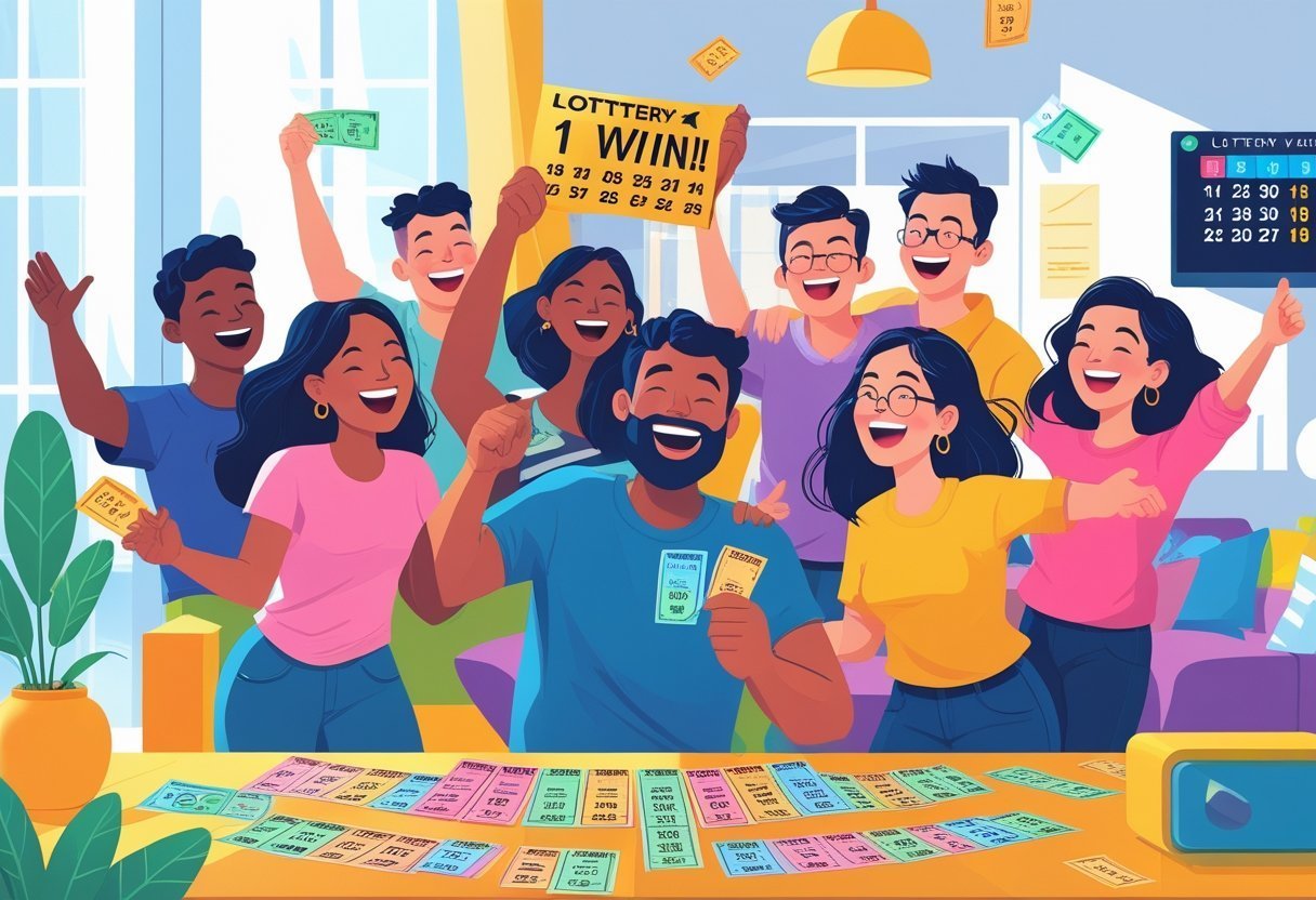 Grupo de pessoas comemorando uma vitória na loteria em uma sala iluminada, com bilhetes de loteria sobre a mesa.