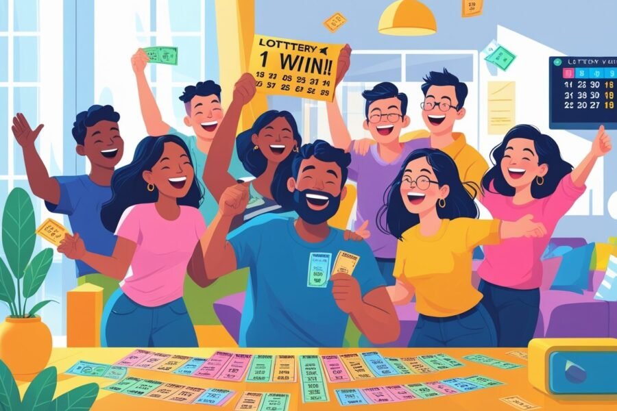 Grupo de pessoas comemorando uma vitória na loteria em uma sala iluminada, com bilhetes de loteria sobre a mesa.