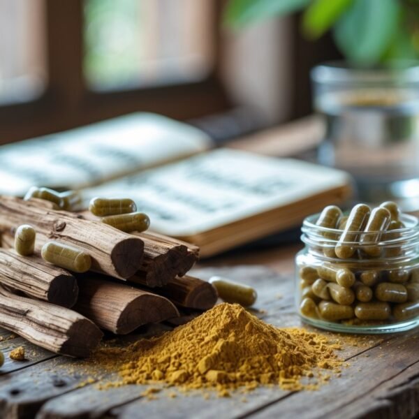 Mesa de madeira com pedaços e pó de sucupira, cápsulas em um frasco de vidro, um caderno aberto e um copo de água ao fundo.