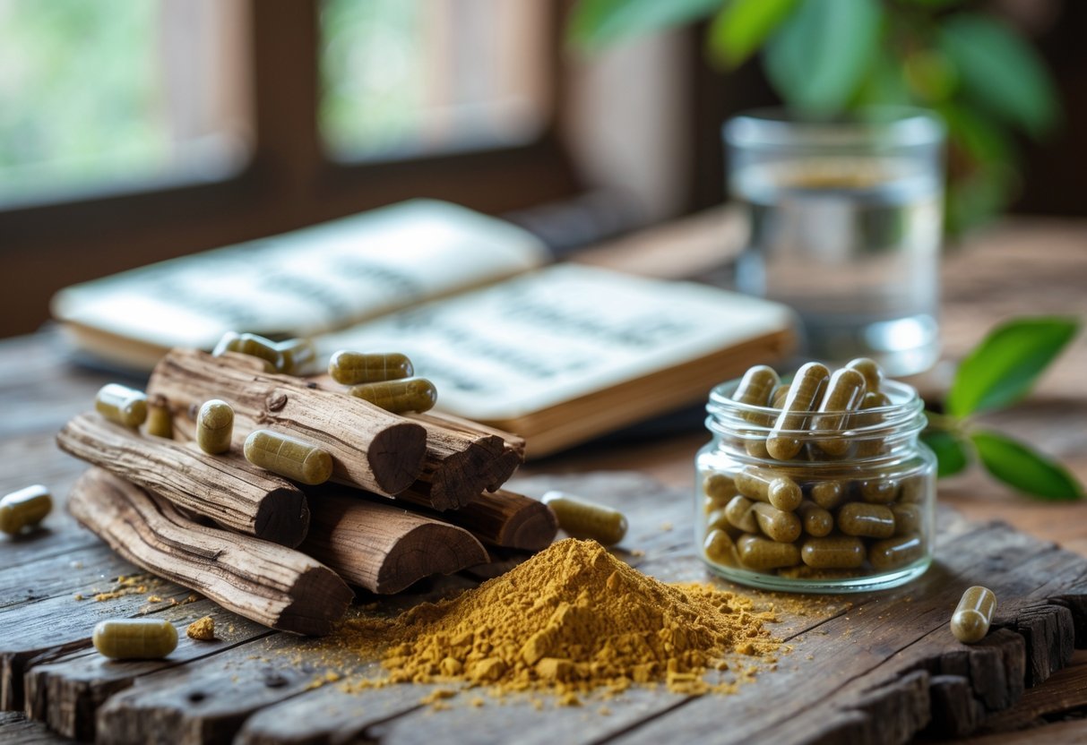Mesa de madeira com pedaços e pó de sucupira, cápsulas em um frasco de vidro, um caderno aberto e um copo de água ao fundo.