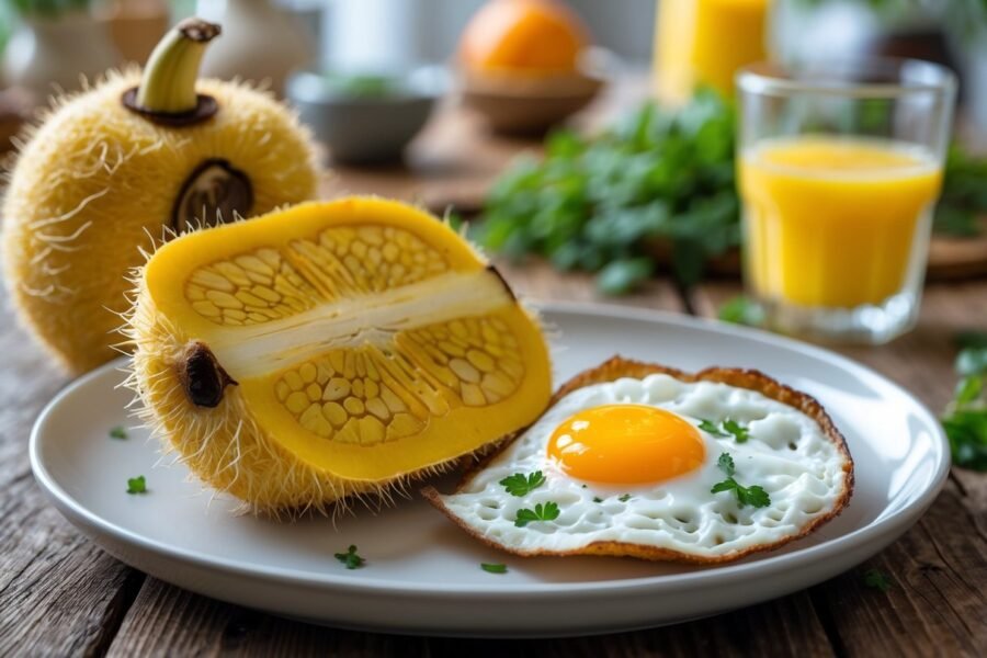 Prato com pedaços de jaca e um ovo frito sobre uma mesa de madeira.