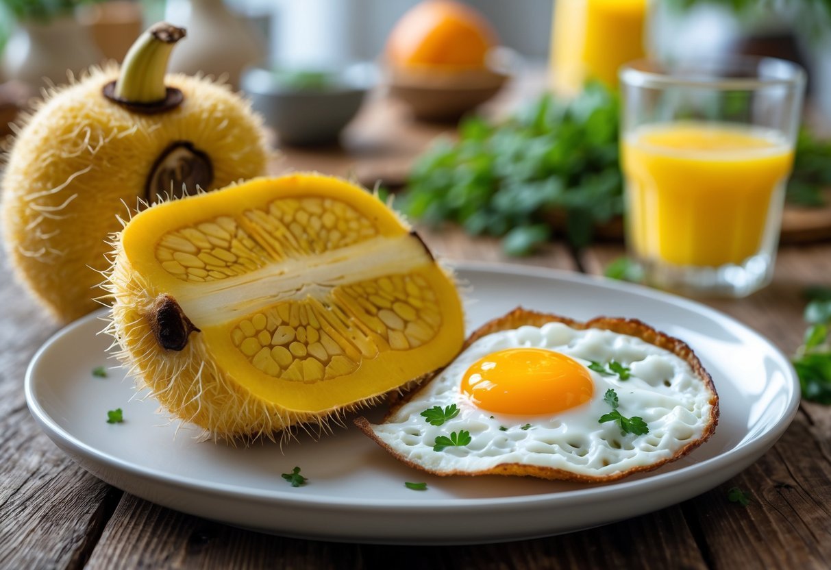 Prato com pedaços de jaca e um ovo frito sobre uma mesa de madeira.