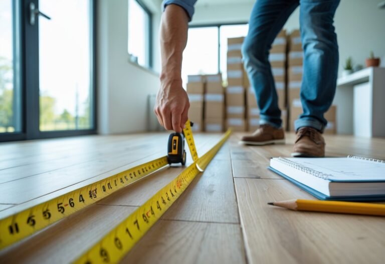 Pessoa medindo o piso de um cômodo com fita métrica, com caixas de material de piso empilhadas ao lado.