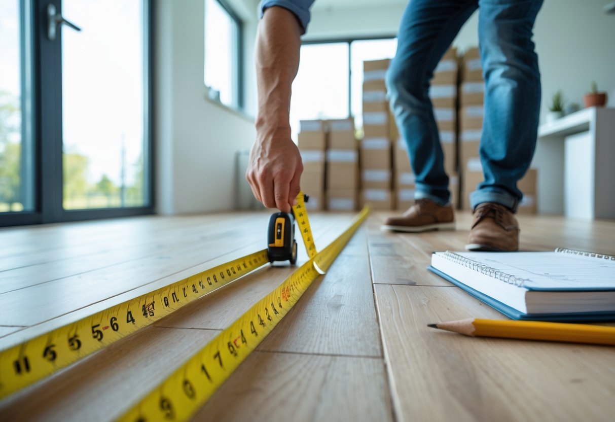 Pessoa medindo o piso de um cômodo com fita métrica, com caixas de material de piso empilhadas ao lado.