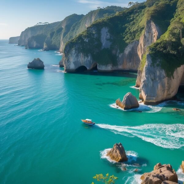 Vista da costa de Angra dos Reis com águas claras, formações rochosas e um barco próximo aos penhascos.
