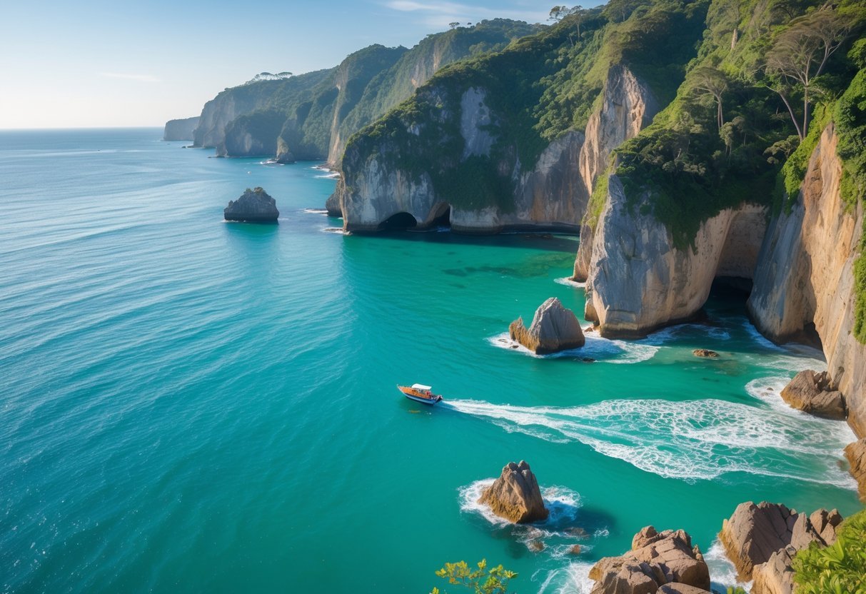 Vista da costa de Angra dos Reis com águas claras, formações rochosas e um barco próximo aos penhascos.