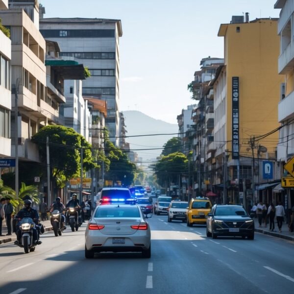 Cena urbana movimentada em Taboão da Serra com carros, pedestres e presença policial durante o dia.