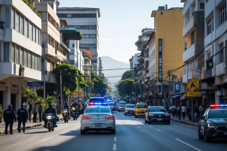 Cena urbana movimentada em Taboão da Serra com carros, pedestres e presença policial durante o dia.