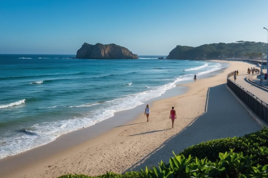 Vista da praia Canto do Forte em Praia Grande com pessoas caminhando na areia, ondas suaves e formações rochosas ao fundo.