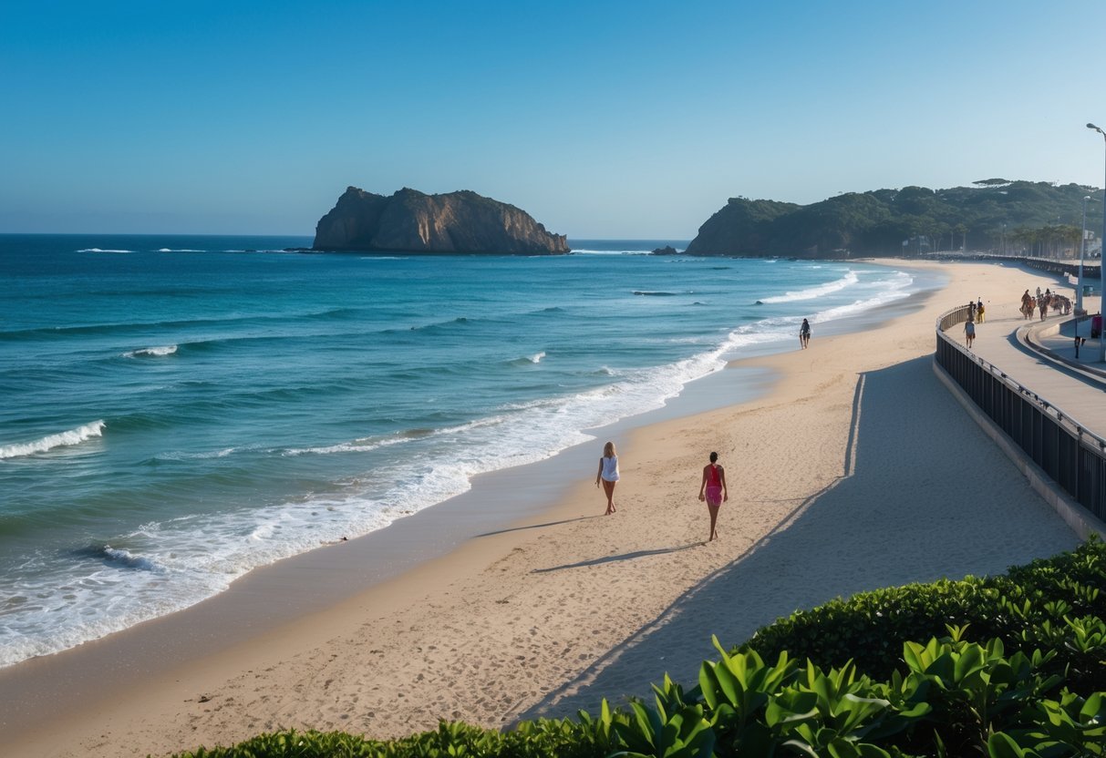 Vista da praia Canto do Forte em Praia Grande com pessoas caminhando na areia, ondas suaves e formações rochosas ao fundo.