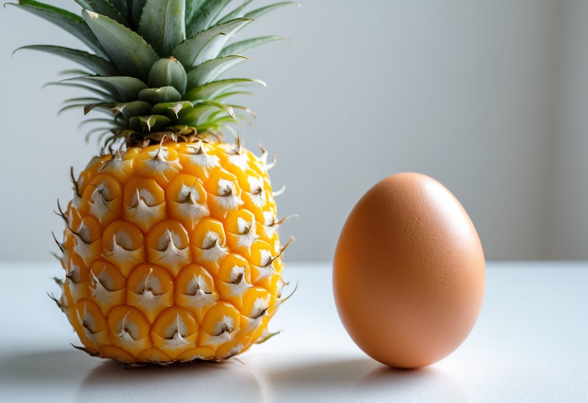 Abacaxi inteiro ao lado de um ovo cru sobre uma superfície branca.