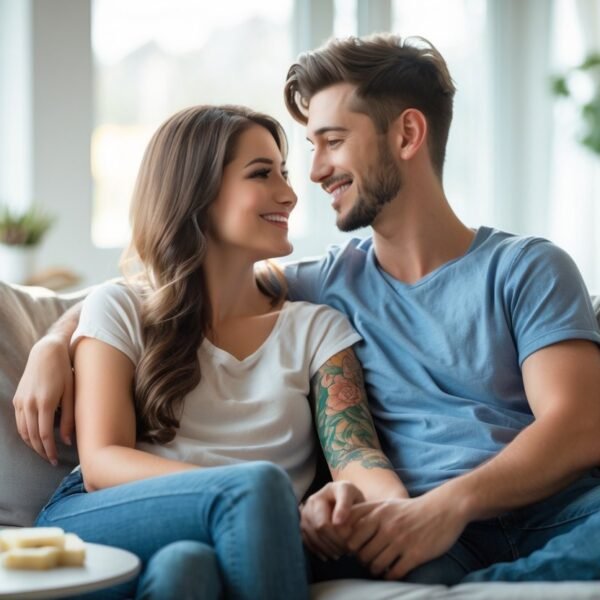 Um casal sentado junto em um sofá, com a mulher mostrando uma tatuagem recente no braço, em um ambiente claro e acolhedor.