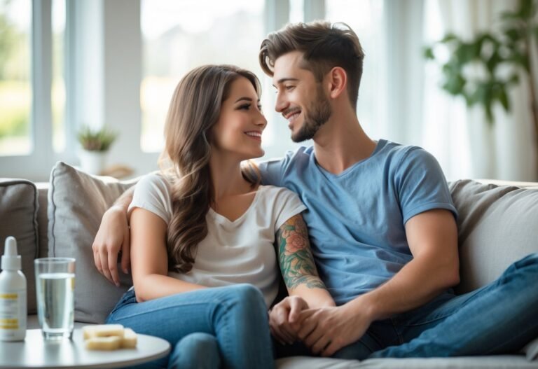 Um casal sentado junto em um sofá, com a mulher mostrando uma tatuagem recente no braço, em um ambiente claro e acolhedor.