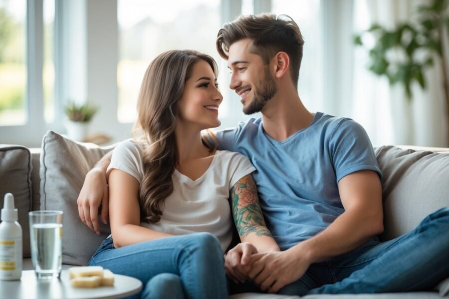 Um casal sentado junto em um sofá, com a mulher mostrando uma tatuagem recente no braço, em um ambiente claro e acolhedor.