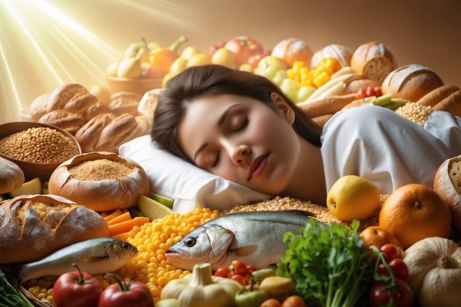 Pessoa dormindo serenamente cercada por alimentos variados e abundantes em um ambiente acolhedor.