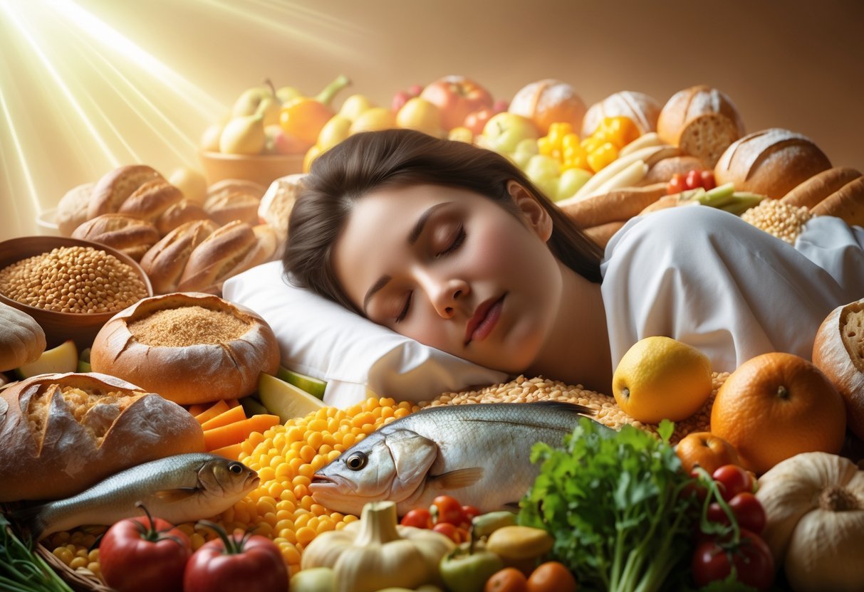 Pessoa dormindo serenamente cercada por alimentos variados e abundantes em um ambiente acolhedor.