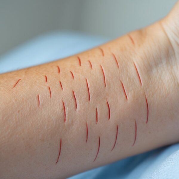 Braço com marcas vermelhas elevadas na pele causadas por dermografismo.