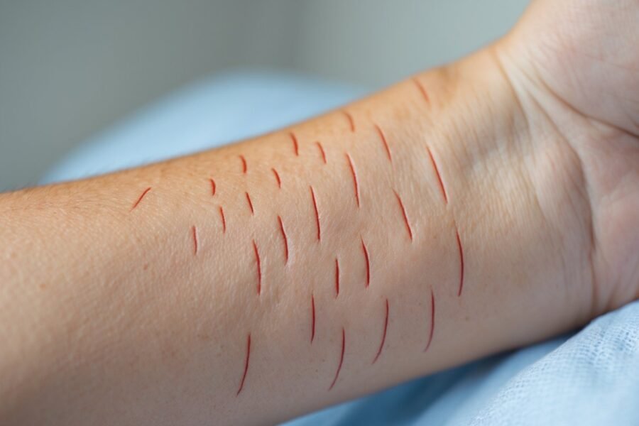 Braço com marcas vermelhas elevadas na pele causadas por dermografismo.