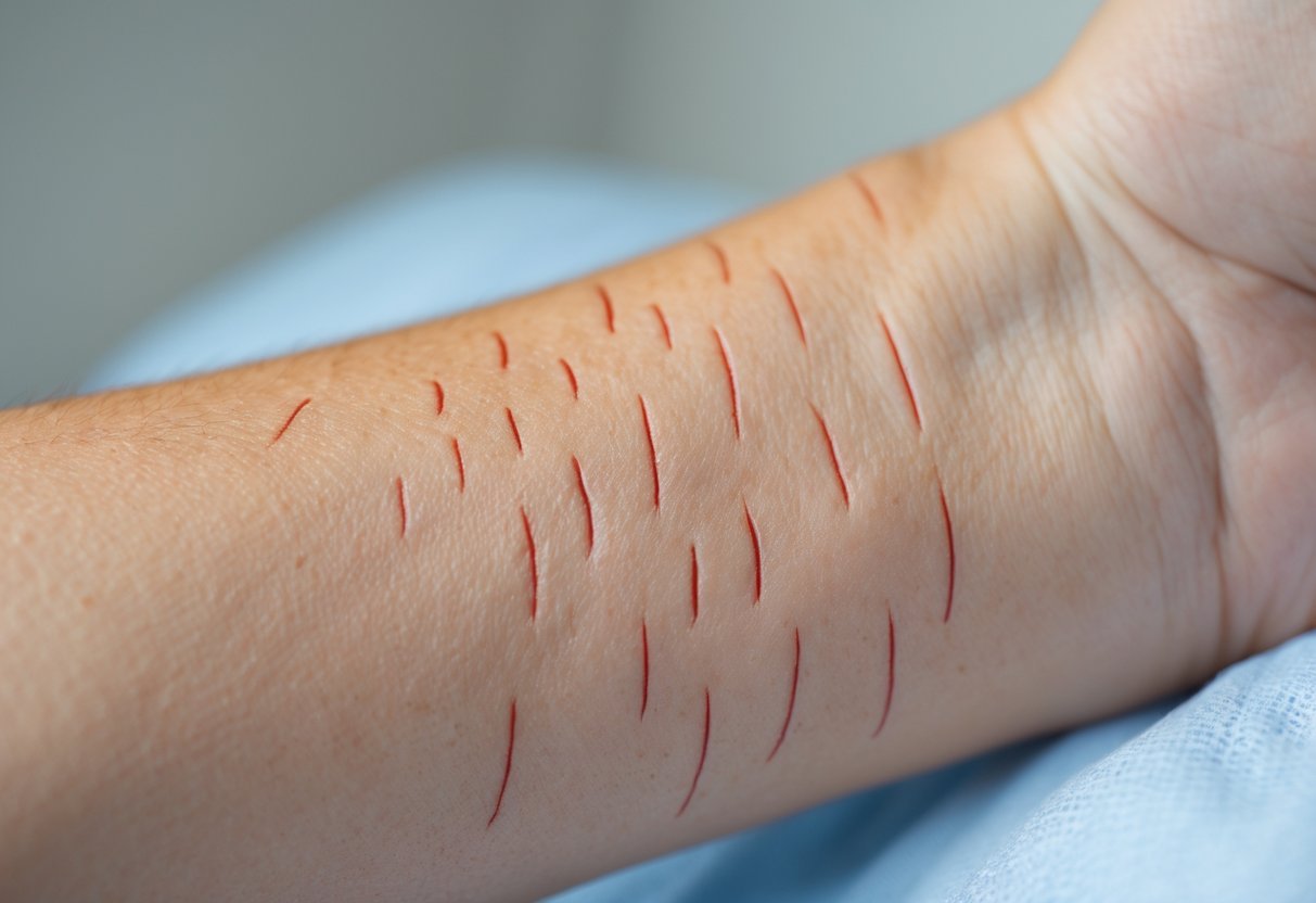 Braço com marcas vermelhas elevadas na pele causadas por dermografismo.