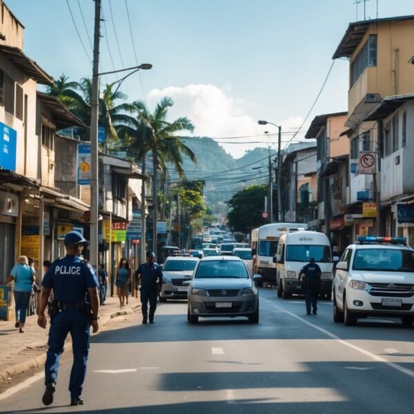 Rua urbana movimentada em Nova Iguaçu com pedestres, veículos, prédios residenciais e comerciais, policiais patrulhando e câmeras de segurança visíveis.