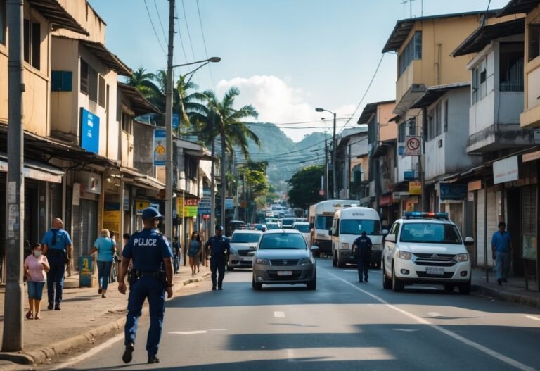 Rua urbana movimentada em Nova Iguaçu com pedestres, veículos, prédios residenciais e comerciais, policiais patrulhando e câmeras de segurança visíveis.