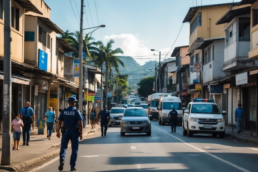 Rua urbana movimentada em Nova Iguaçu com pedestres, veículos, prédios residenciais e comerciais, policiais patrulhando e câmeras de segurança visíveis.