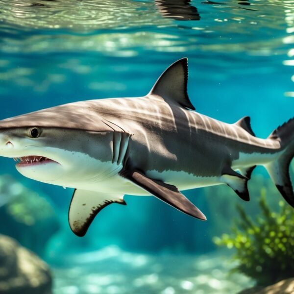 Um tubarão de água doce nadando em um rio claro com plantas aquáticas e pedras ao redor.