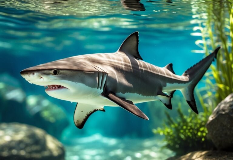 Um tubarão de água doce nadando em um rio claro com plantas aquáticas e pedras ao redor.