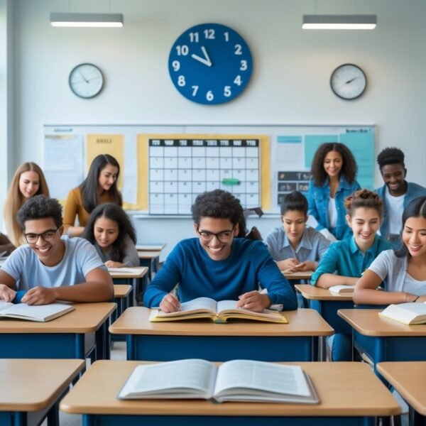 Sala de aula com jovens estudantes estudando, relógio na parede e calendário, representando o tempo de 8 semestres.