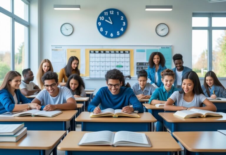 Sala de aula com jovens estudantes estudando, relógio na parede e calendário, representando o tempo de 8 semestres.