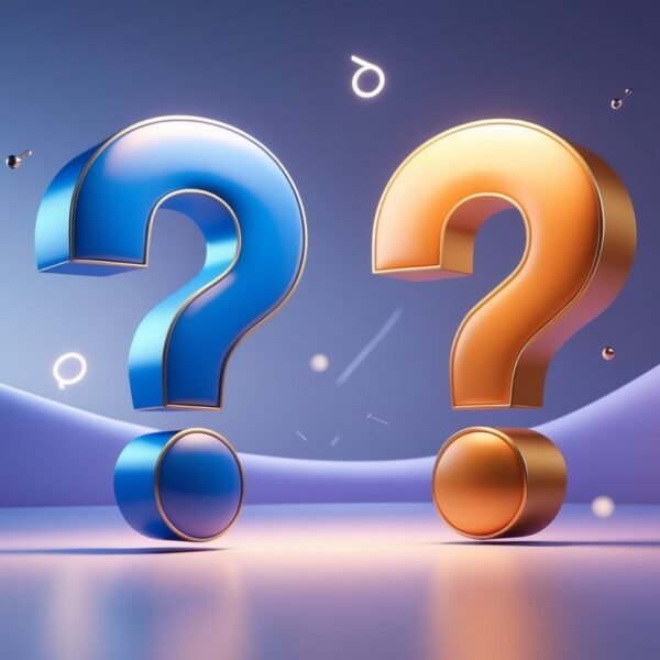 Duas grandes interrogações flutuando em um espaço iluminado, uma azul e outra laranja, posicionadas uma de frente para a outra sobre uma superfície brilhante.