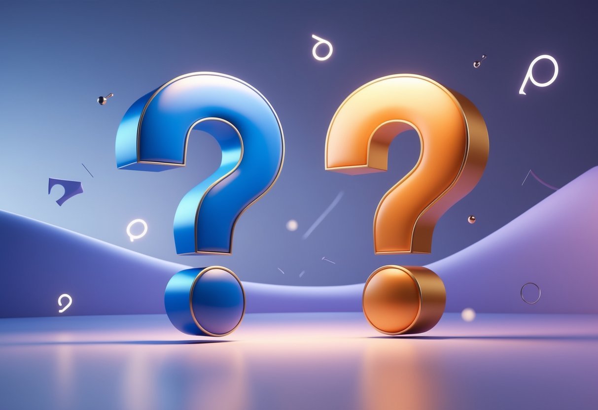 Duas grandes interrogações flutuando em um espaço iluminado, uma azul e outra laranja, posicionadas uma de frente para a outra sobre uma superfície brilhante.