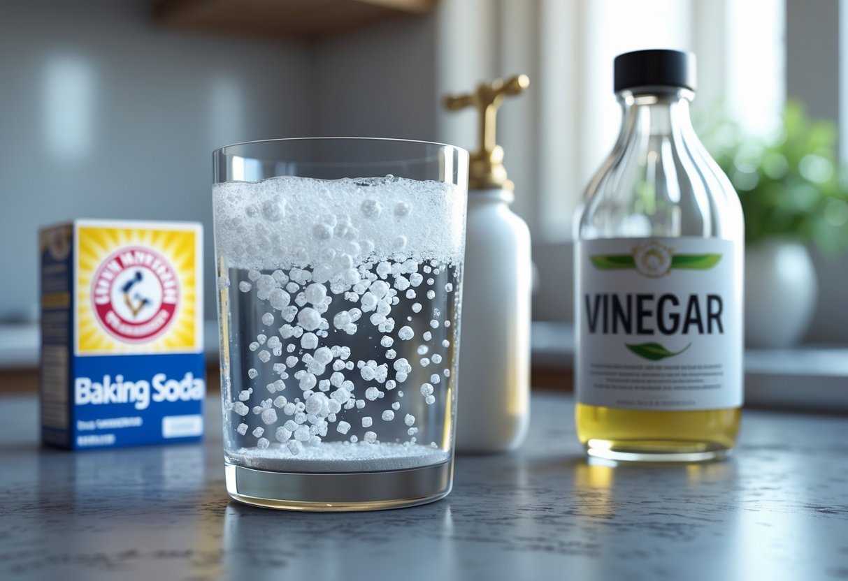 Um copo transparente com líquido borbulhante em uma bancada de cozinha, ao lado de uma caixa de bicarbonato e uma garrafa de vinagre.