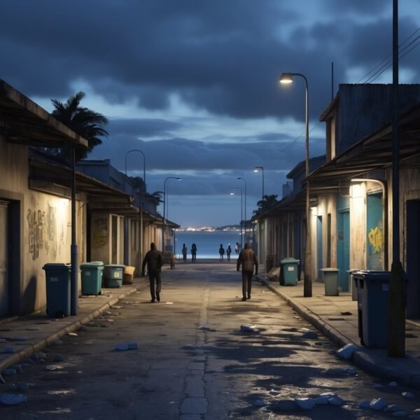 Cena noturna de um bairro perigoso em Cabo Frio com ruas estreitas, prédios desgastados, pouca iluminação e poucas pessoas andando com cuidado.