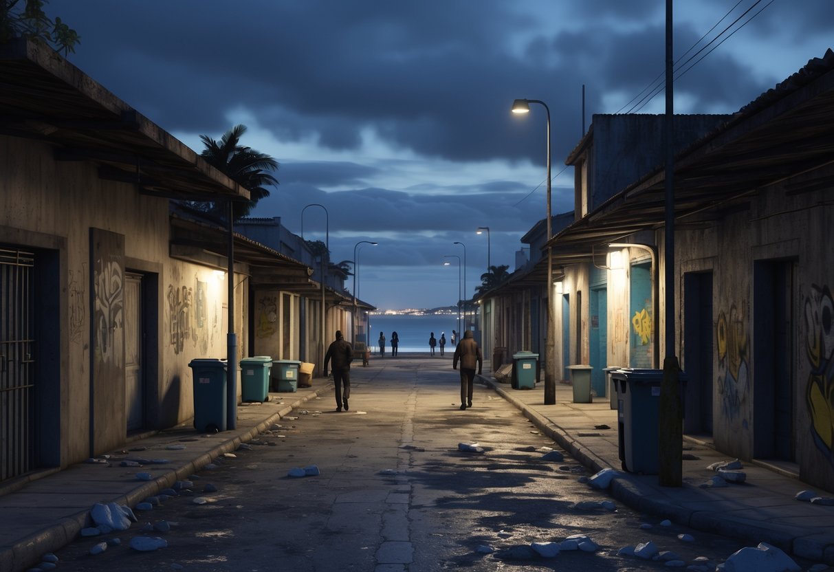 Cena noturna de um bairro perigoso em Cabo Frio com ruas estreitas, prédios desgastados, pouca iluminação e poucas pessoas andando com cuidado.