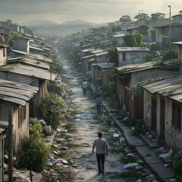 Vista de um bairro densamente povoado em Osasco com casas simples e ruas estreitas, mostrando sinais de desgaste e vegetação espalhada.