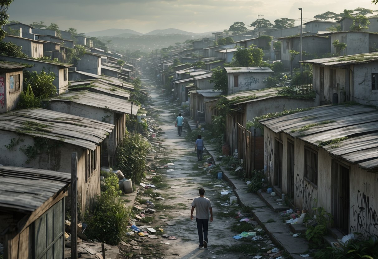 Vista de um bairro densamente povoado em Osasco com casas simples e ruas estreitas, mostrando sinais de desgaste e vegetação espalhada.