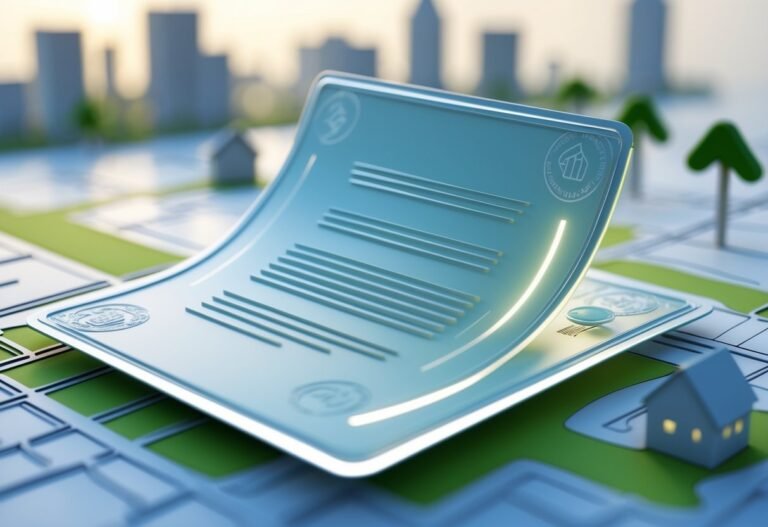 Documento flutuando sobre um mapa com ícones de localização e casas ao fundo.