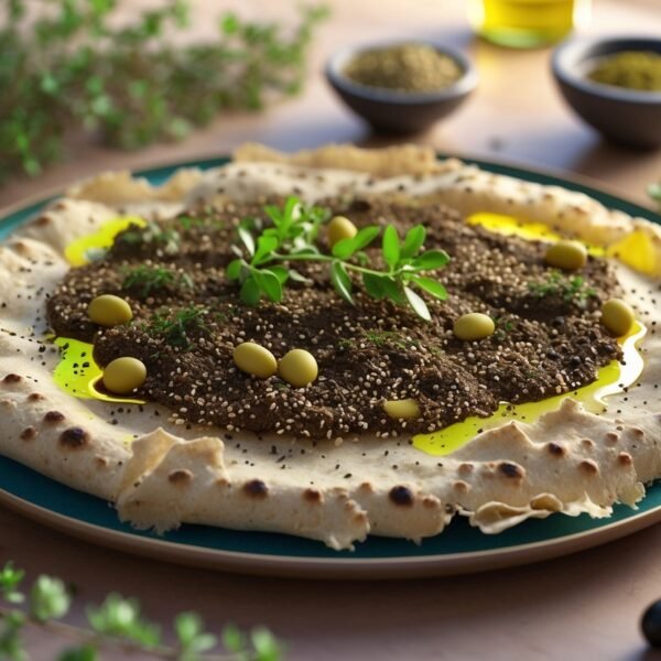 Prato com manakish de zaatar, um pão sírio coberto com tempero zaatar, azeite e sementes de gergelim, acompanhado de ramos de tomilho e azeitonas.