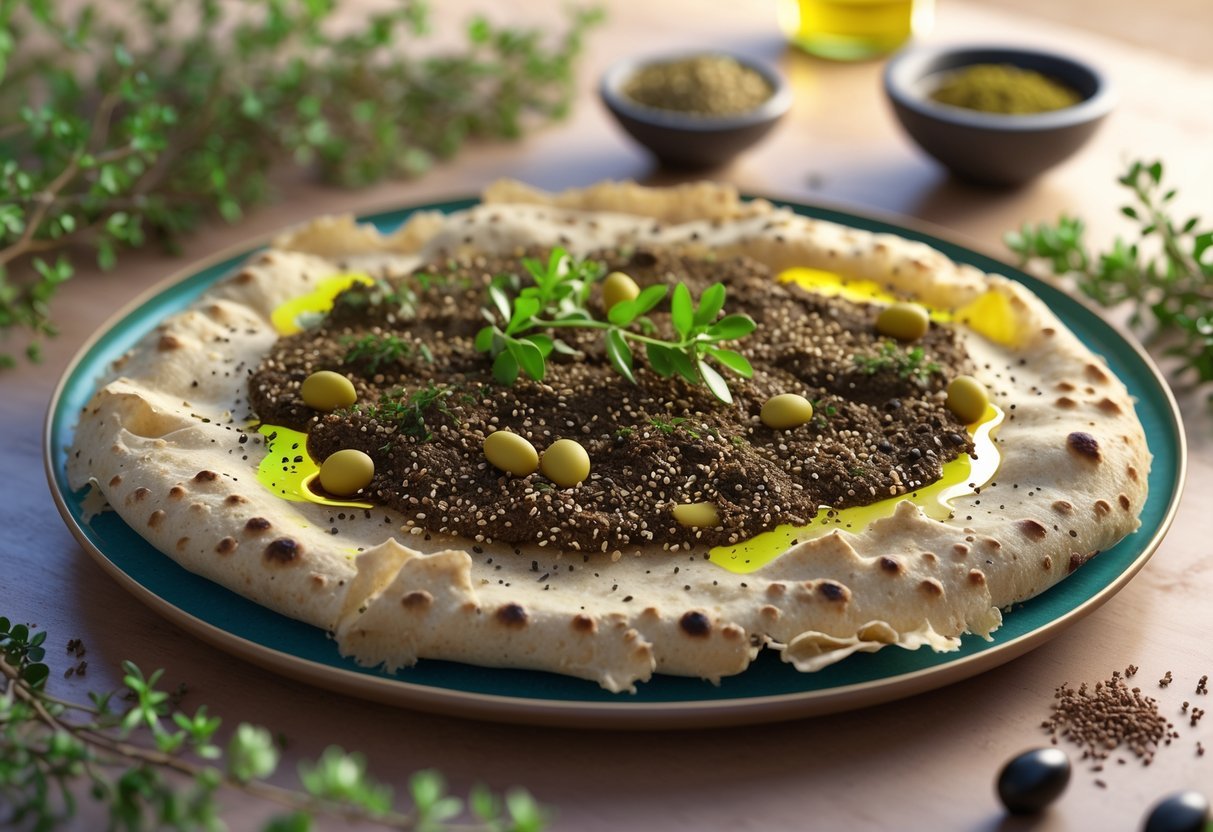 Prato com manakish de zaatar, um pão sírio coberto com tempero zaatar, azeite e sementes de gergelim, acompanhado de ramos de tomilho e azeitonas.